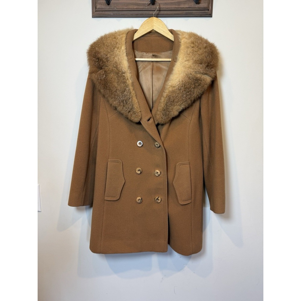 Fashionbilt Wool Pea Coat Genuine Fur Collar Double Breasted Camel Brown Women M